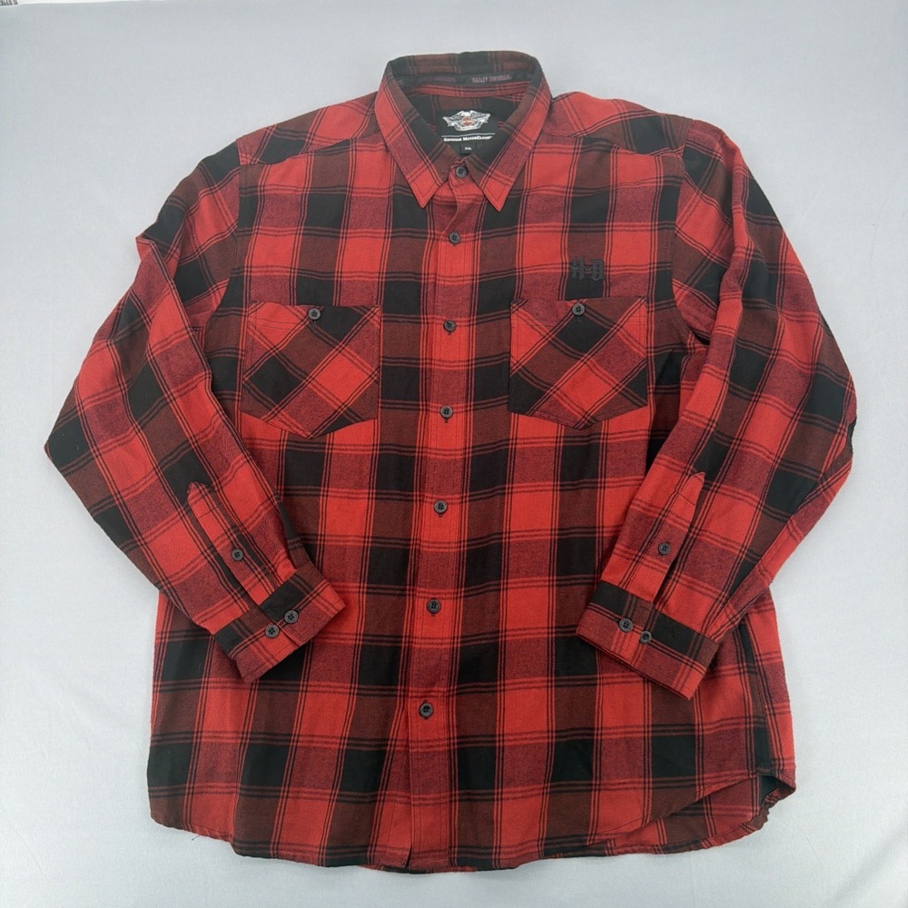 Harley Davidson Shirt Men's 2XL Red Black Plaid Flannel Genuine Motor Biker